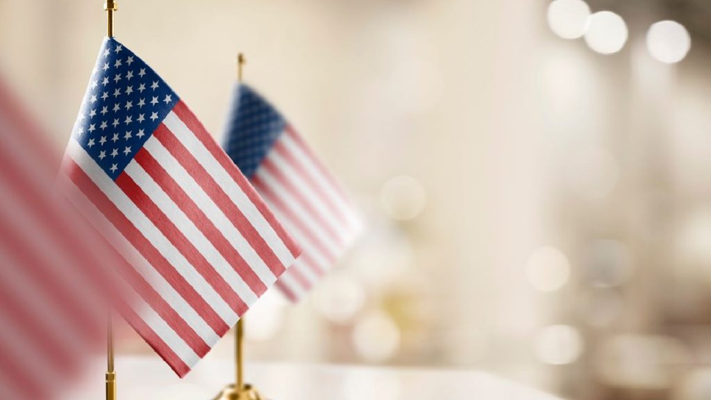 A close-up, shallow-depth-of-field shot of several small American desk flags standing in a row