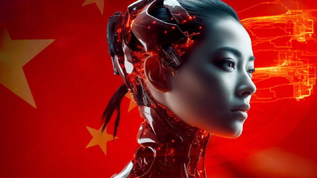 A futuristic, profile-view portrait of a woman with cybernetic implants and glowing red circuitry, set against the red background and yellow stars of the Chinese flag