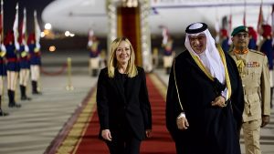 Italian Prime Minister Giorgia Meloni meeting with leaders of the Gulf Cooperation Council (GCC) in a formal setting