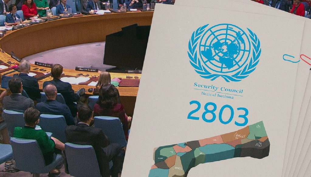 A meeting of the UN Security Council, with an overlay graphic showing the UN logo, "Resolution 2803," and a partitioned map of Gaza