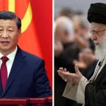 A side-by-side portrait of Xi Jinping on the left in front of a red and gold flag, and Ali Khamenei on the right with his hands raised in prayer, separated by a thin white vertical line.