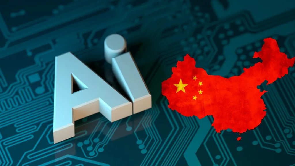 A 3D silver "AI" logo next to a red map of China on a digital circuit board background.