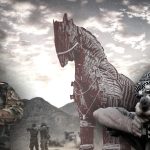 Kurdish YPG and SDF fighters with a wooden Trojan horse metaphor and smoke rising in the background.