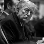 A black and white, high-contrast close-up of Donald Trump sitting at a long table during a meeting, looking towards the camera with a stern expression, surrounded by other men in suits who are partially blurred.