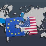 A conceptual digital illustration of a gray world map background with two large puzzle pieces in the center; the left puzzle piece displays the blue flag and yellow stars of the European Union, and the right piece displays the stars and stripes of the United States flag.