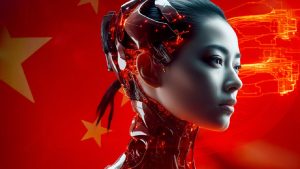 A futuristic, profile-view portrait of a woman with cybernetic implants and glowing red circuitry, set against the red background and yellow stars of the Chinese flag