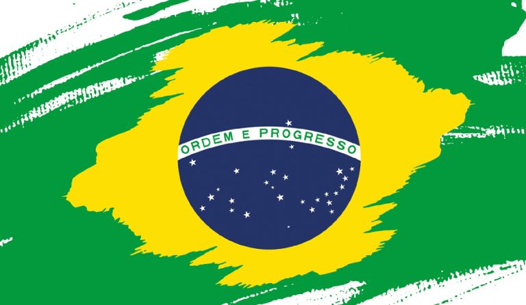 Artistic brushstroke depiction of the Brazilian flag with the national motto "Ordem e Progresso" (Order and Progress)