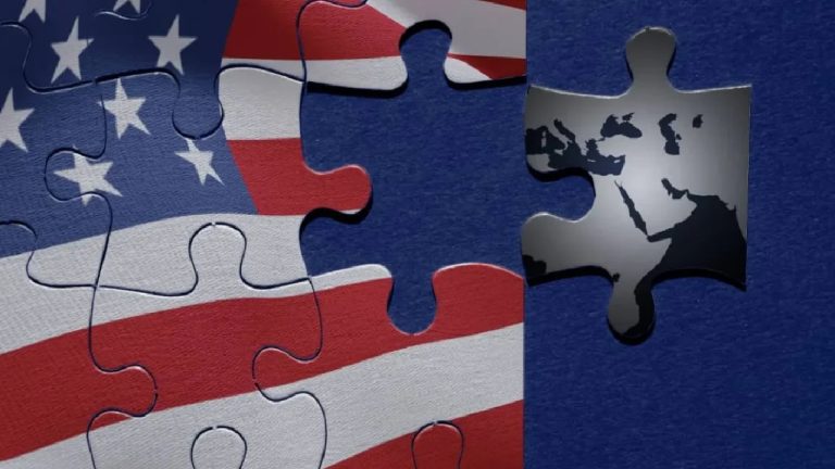 A jigsaw puzzle where the pieces show the American flag, with a missing piece being replaced by a dark piece featuring a map of the Middle East