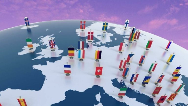 A 3D model of the European continent on a globe with various national flags standing on it.