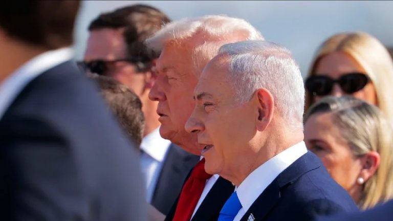 Benjamin Netanyahu and Donald Trump standing side-by-side outdoors.