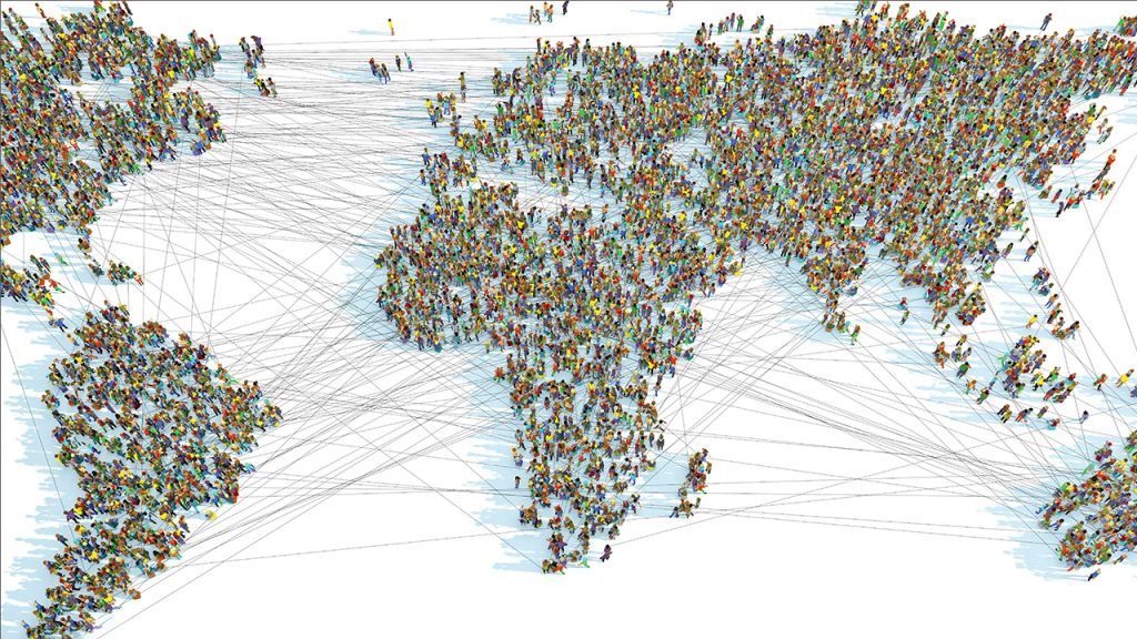 A world map composed of thousands of tiny diverse people with interconnecting lines between continents.