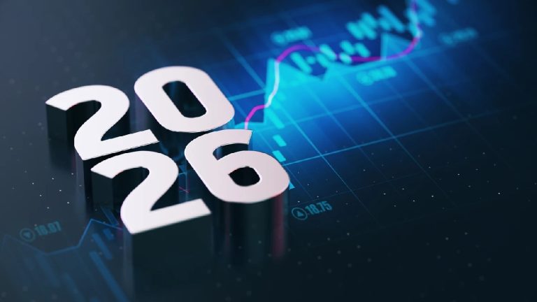 3D silver numbers "2026" placed on a dark surface with a glowing blue financial growth chart in the background.