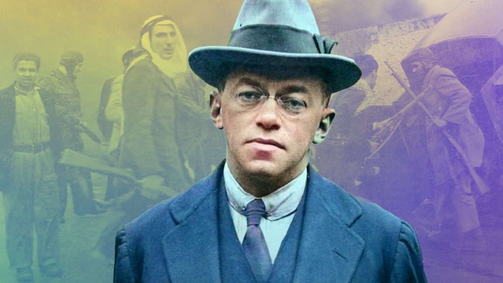 A portrait of Ze'ev Jabotinsky in a hat and glasses, superimposed over a faded background of historical Middle Eastern figures and conflict scenes.