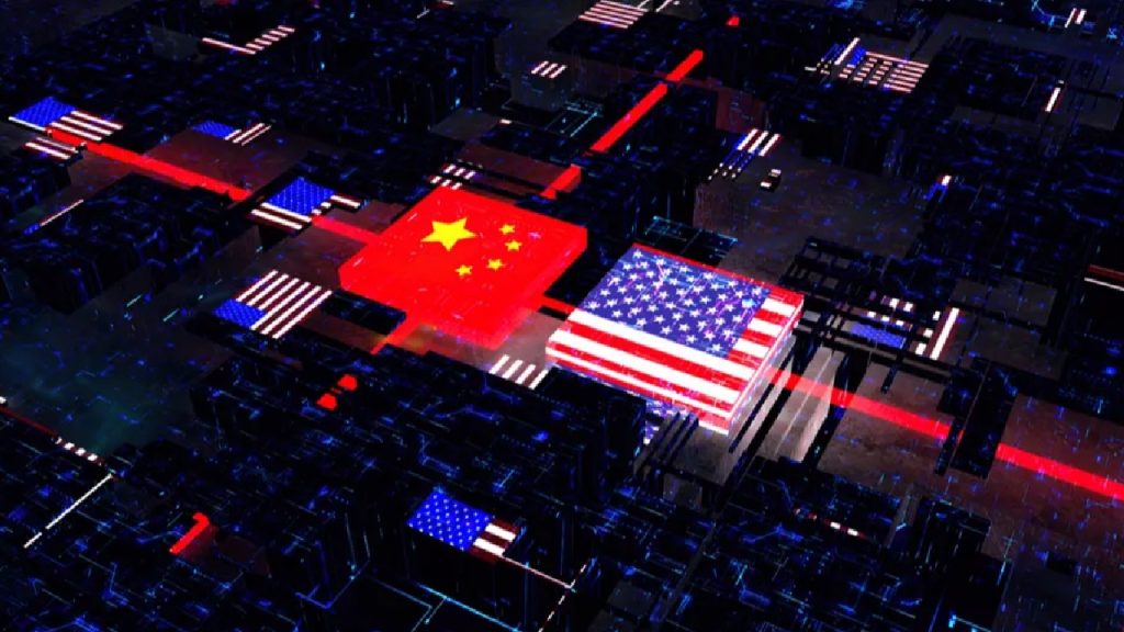 A digital circuit board concept featuring glowing flags of the United States and China connected by light rays.