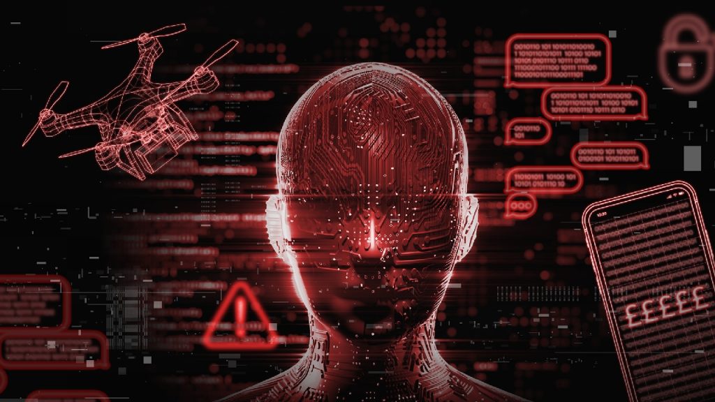 A digital red glowing human head surrounded by a drone, smartphone, and data symbols.