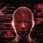 A digital red glowing human head surrounded by a drone, smartphone, and data symbols.