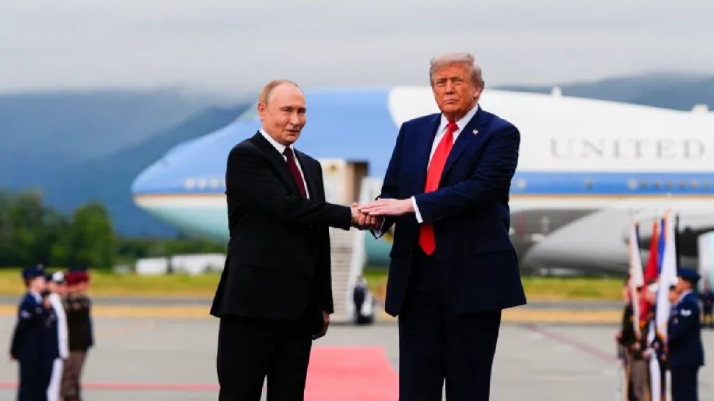 Donald Trump and Vladimir Putin shaking hands on an airport tarmac in front of Air Force One