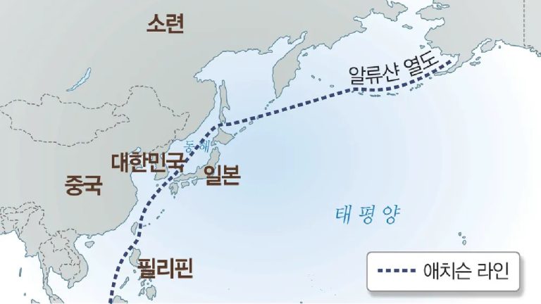 Map showing the Acheson Line (dotted blue line) defining the US defense perimeter in the Pacific, labeled in Korean