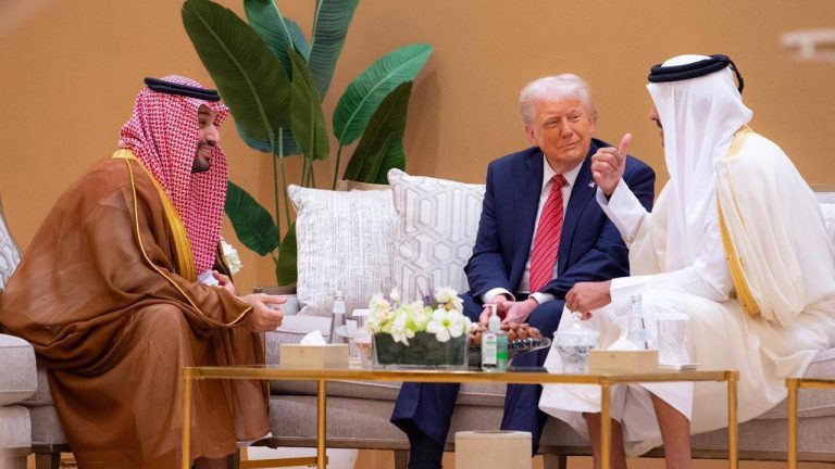 President Donald Trump meeting with Middle Eastern leaders including Qatar's Emir and Saudi officials to discuss the 2025 Gaza ceasefire implementation.