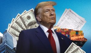 President Donald Trump delivering a speech focused on American manufacturing, with industrial workers in the background