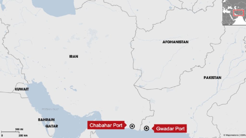 A strategic geographic map of the Middle East and Central Asia highlighting the maritime and land routes connecting Iran's Chabahar Port and Pakistan's Gwadar Port to landlocked nations.