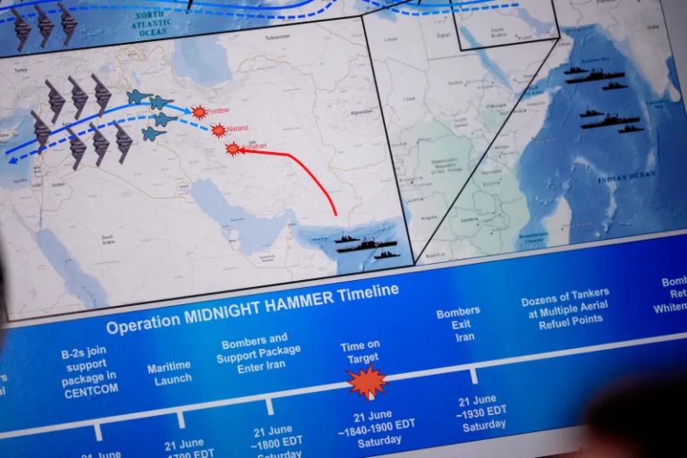 Map and timeline of Operation Midnight Hammer showing military strike simulation on sites in Iran.