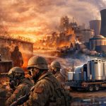 Cinematic digital collage featuring a political leader, soldiers, a nuclear power plant, and advanced AI robots.