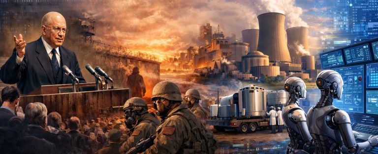 Cinematic digital collage featuring a political leader, soldiers, a nuclear power plant, and advanced AI robots.