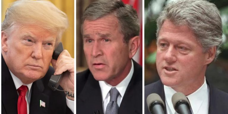 A triptych image featuring three U.S. Presidents: Donald Trump on the left holding a telephone, George W. Bush in the center speaking, and Bill Clinton on the right speaking behind microphones.