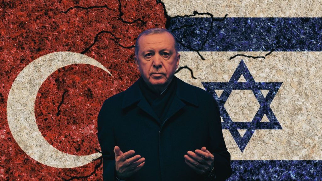 A composite image featuring Recep Tayyip Erdoğan in a dark coat, standing in front of a cracked stone background that displays the Turkish flag on the left and the Israeli flag on the right.