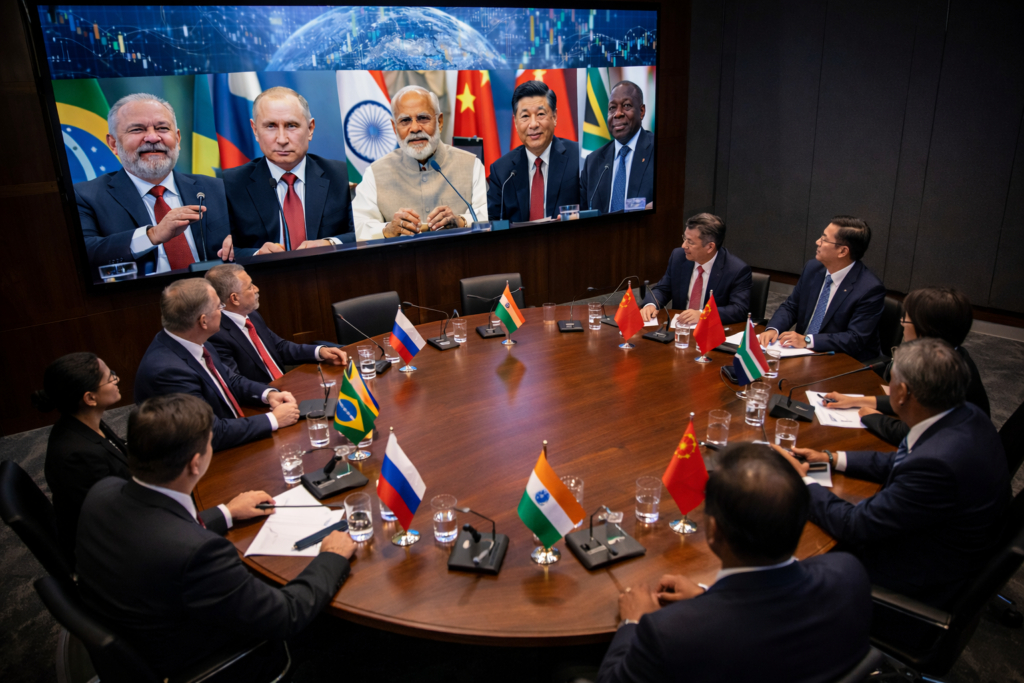A medium shot of five world leaders standing in a row on a stage, including Vladimir Putin, Narendra Modi, Xi Jinping, and Cyril Ramaphosa, with a large blue and gold "BRICS" logo in the background.