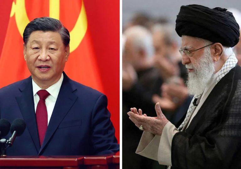 A side-by-side portrait of Xi Jinping on the left in front of a red and gold flag, and Ali Khamenei on the right with his hands raised in prayer, separated by a thin white vertical line.
