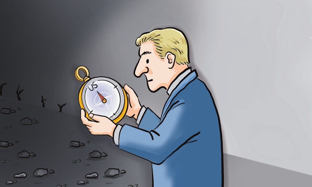 Political cartoon of a European leader looking at a NATO compass pointing toward the US.