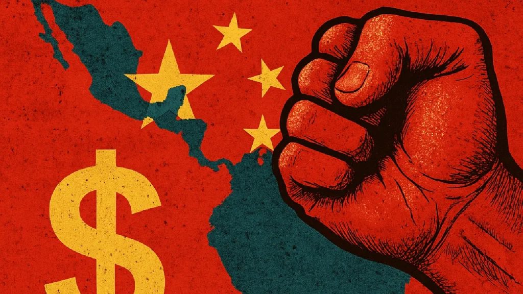 Illustration featuring a large red clenched fist on the right and a yellow dollar sign over a silhouette map of Central and South America on the left, set against a red background with yellow stars.