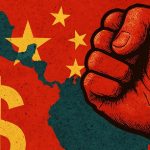 Illustration featuring a large red clenched fist on the right and a yellow dollar sign over a silhouette map of Central and South America on the left, set against a red background with yellow stars.