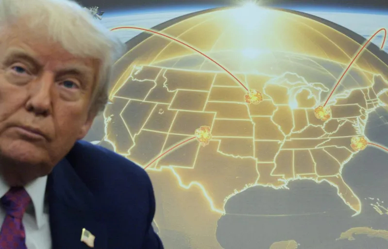 A close-up portrait of Donald Trump on the left, positioned in front of a digital map of the United States that shows multiple red trajectory lines and explosion icons across different states.