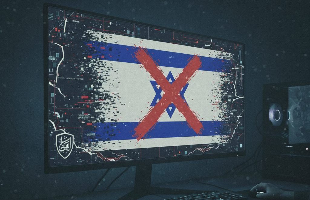 Digital screen showing an Israeli flag with a red "X" through it and ISNAD branding for cyber warfare.