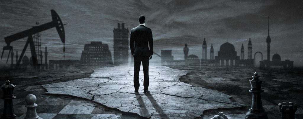 A digital illustration of a man in a suit viewed from behind, standing on a cracked map shaped like Iraq, looking toward a dark, silhouetted skyline with an oil derrick and mosques.