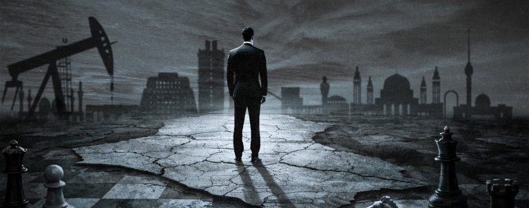 A digital illustration of a man in a suit viewed from behind, standing on a cracked map shaped like Iraq, looking toward a dark, silhouetted skyline with an oil derrick and mosques.