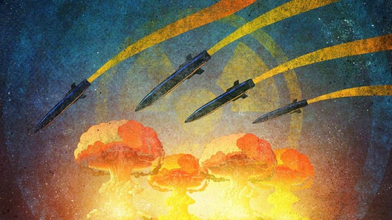 An artistic illustration showing four missiles descending towards four large, glowing orange mushroom clouds on a textured blue and gold background.