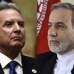 A split-screen close-up portrait featuring Robert F. Kennedy Jr. on the left with a blurred US flag in the background, and Abbas Araghchi on the right with a blurred Iranian flag in the background.