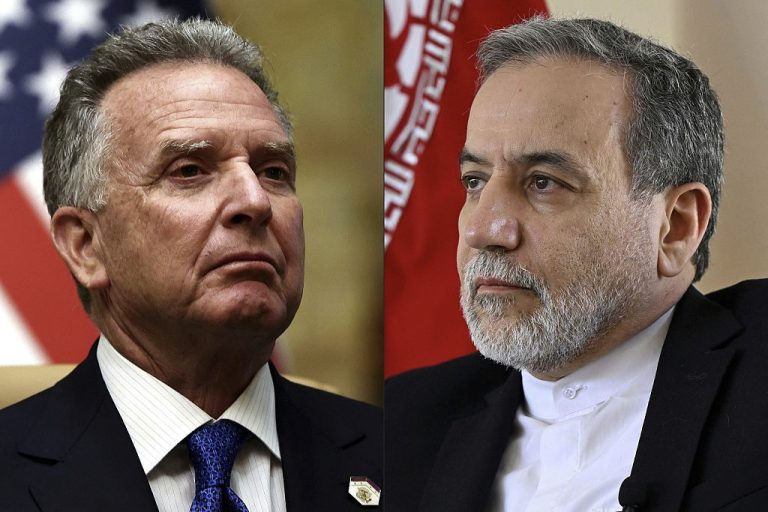 A split-screen close-up portrait featuring Robert F. Kennedy Jr. on the left with a blurred US flag in the background, and Abbas Araghchi on the right with a blurred Iranian flag in the background.