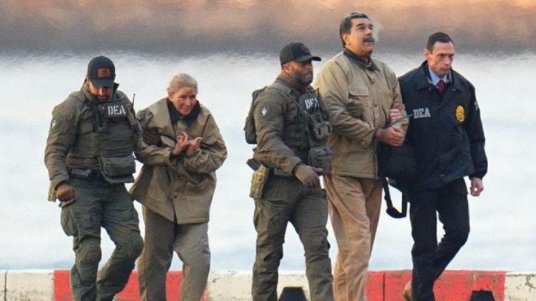 A man in a tan jacket being escorted by several security personnel wearing tactical gear and "DEA" jackets.
