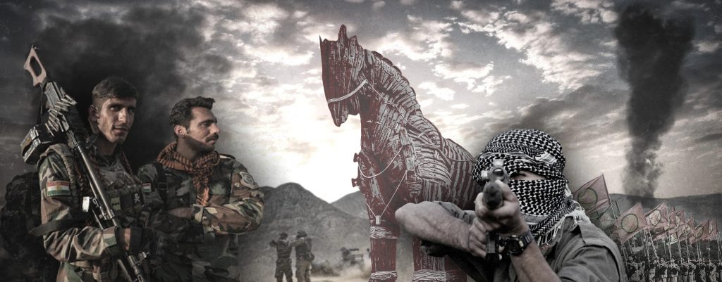 Kurdish YPG and SDF fighters with a wooden Trojan horse metaphor and smoke rising in the background.