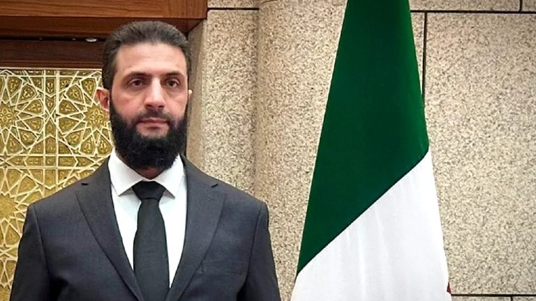 A medium shot of a man with a dark beard, wearing a grey suit and black tie, standing in front of a flag and a patterned wall.