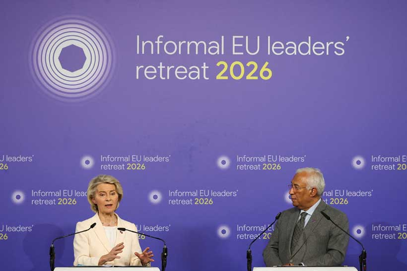 Ursula von der Leyen and António Costa seated at a press conference for the "Informal EU leaders' retreat 2026," with a large purple background featuring the event's name and circular logo.