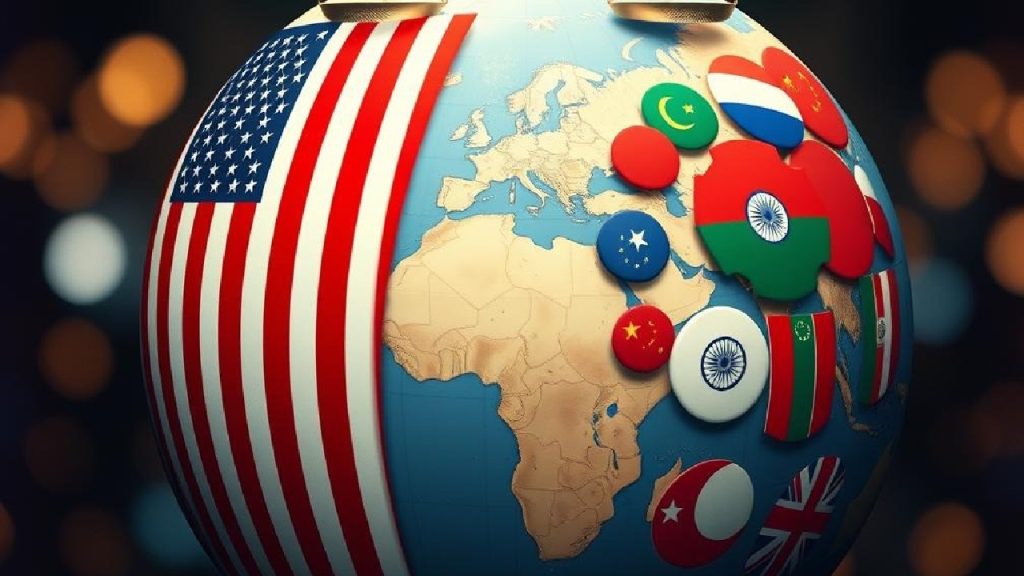 A 3D digital illustration of a globe where the Western hemisphere is covered by the US flag, and the Eastern hemisphere is adorned with various circular national flag icons.