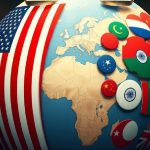 A 3D digital illustration of a globe where the Western hemisphere is covered by the US flag, and the Eastern hemisphere is adorned with various circular national flag icons.