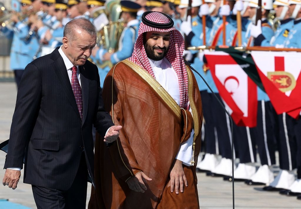 Turkish President Recep Tayyip Erdoğan and Saudi Crown Prince Mohammed bin Salman walking together during an official ceremony.
