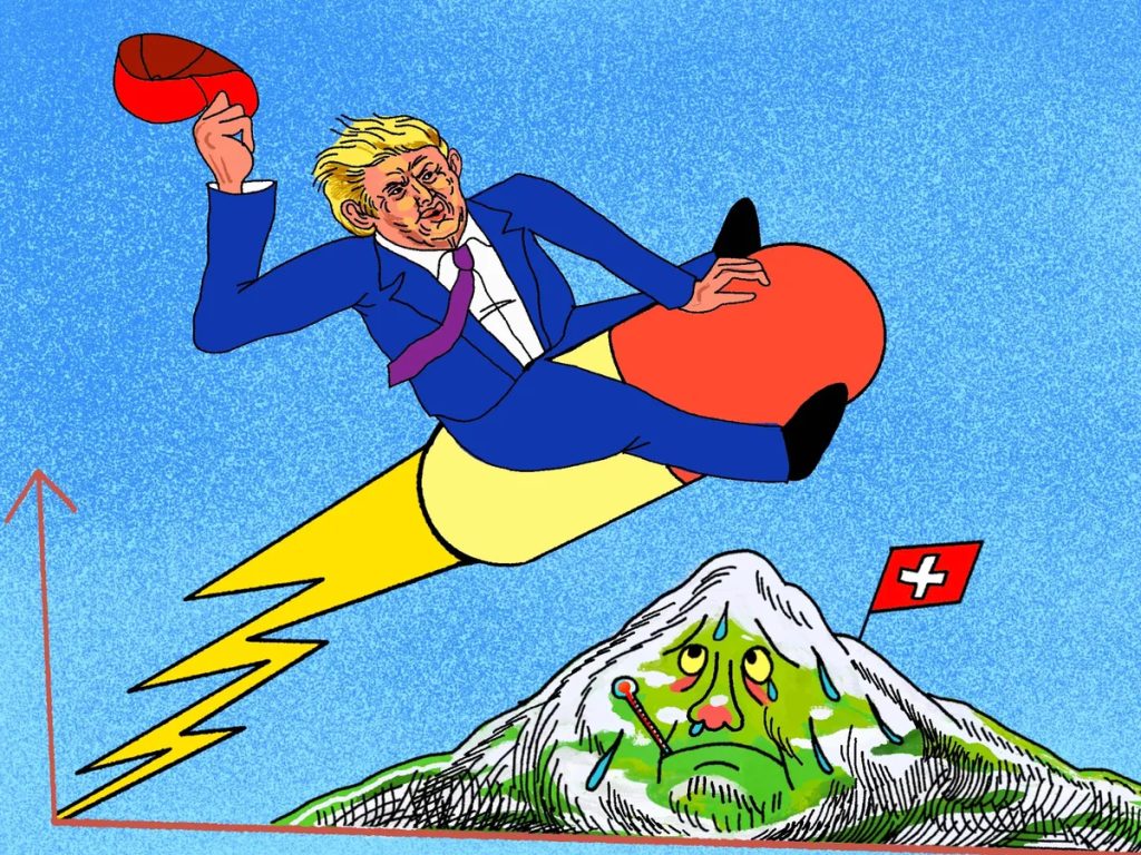A political cartoon showing Donald Trump riding on top of a giant red and white pill labeled "TRUMP-RX," which is rolling down a snowy mountain toward a small Swiss village.